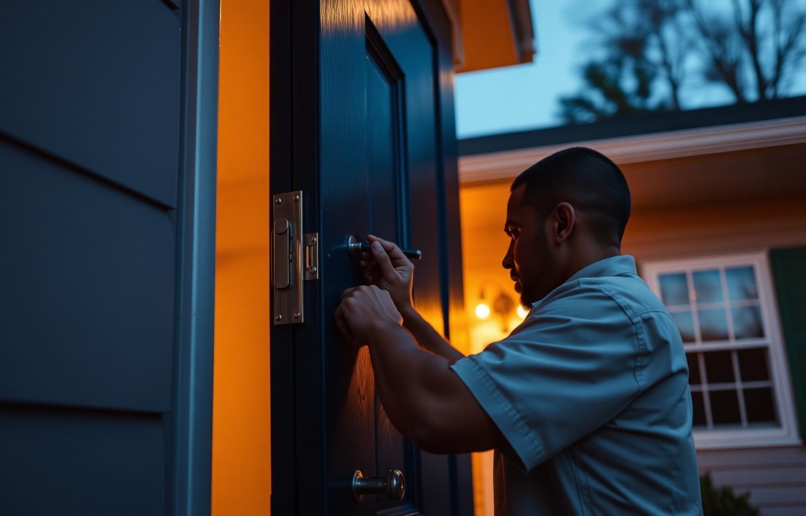 Tega Cay Locksmith technician working on a residential door lock in Tega Cay, SC